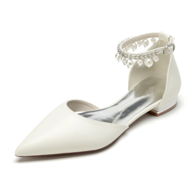 Chaussures plates de mariage à bride de cheville en satin blanc ivoire à bout pointu