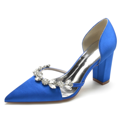 Bleu Royal Satin Bout Pointu Talon Chunky Strass Bijoux Escarpins D'orsay Chaussures De Mariée