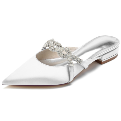 Chaussures de mariage plates en satin blanc à bout pointu