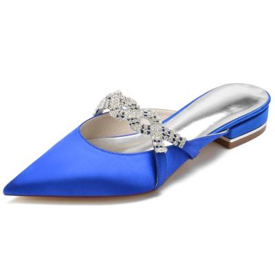 Chaussures de mules de mariage plates en satin bleu royal à bout pointu
