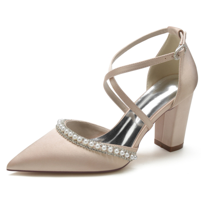 Champagne Satin Bout pointu Perle Bijoux Cross Strappy Chunky Heel Pumps