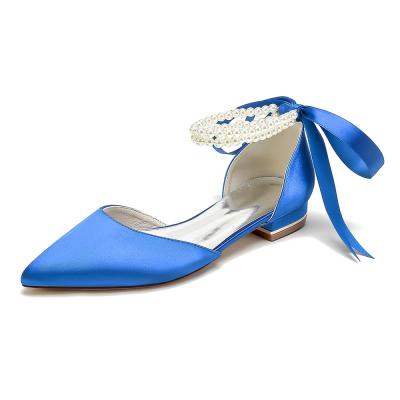 Royal Blue Satin Pointed Toe Pearl Strap Lace up Wedding Flats