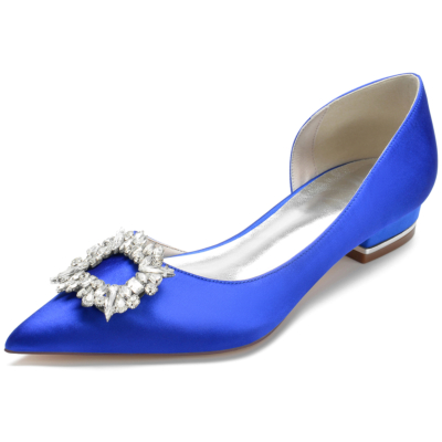 Chaussures plates en satin bleu royal à bout pointu avec boucle en strass
