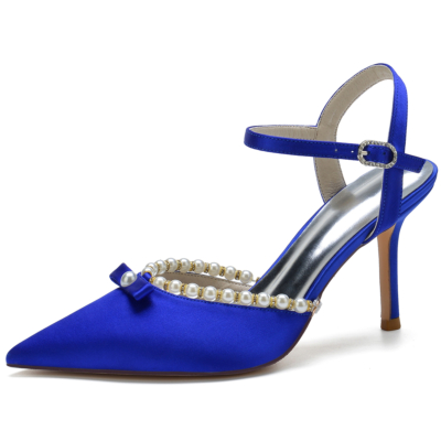 Chaussures de mariage en perles à talons pointus en satin bleu royal