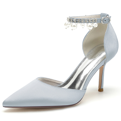 Silver Satin Pointed Toe Stiletto Heel Pearl Tassle Ankle Strap Pumps Wedding Shoes