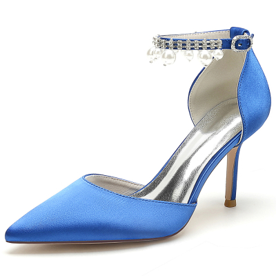 Royal Blue Satin Pointed Toe Stiletto Heel Pearl Tassle Ankle Strap Pumps Wedding Shoes