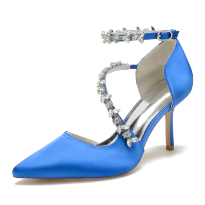 Chaussures de mariage à talons aiguilles et bout pointu en satin bleu royal avec bride à la cheville