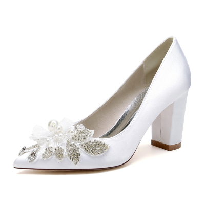 White Satin Rhinestone Flowers Bride's Wedding Pumps with Comfortable Chunky Heel
