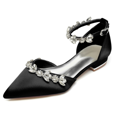 Chaussures plates de mariage avec strass en satin noir, chaussures de mariée D'orsay