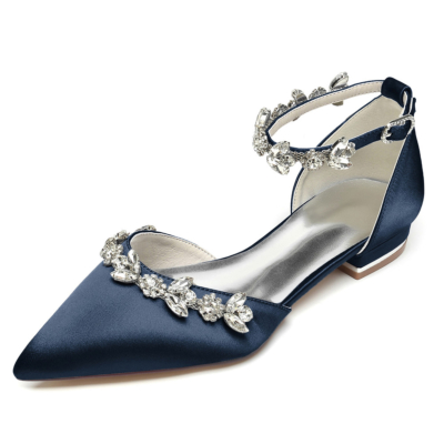 Chaussures plates de mariage en strass bleu marine, chaussures de mariée D'orsay