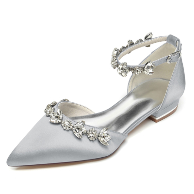 Chaussures plates de mariage avec strass en satin argenté, chaussures de mariée D'orsay