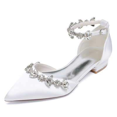 Chaussures plates de mariage avec strass en satin blanc, chaussures de mariée D'orsay