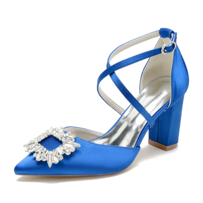 Chaussures de mariage en satin bleu royal avec boucles en strass et talon épais et sangle croisée
