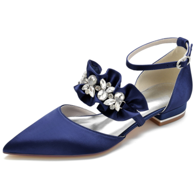 Chaussures plates à volants en satin bleu marine avec bride à la cheville en strass Chaussures plates D'orsay