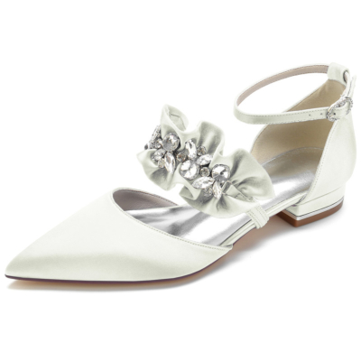 Chaussures plates à volants en satin ivoire avec bride à la cheville en strass Chaussures plates D'orsay