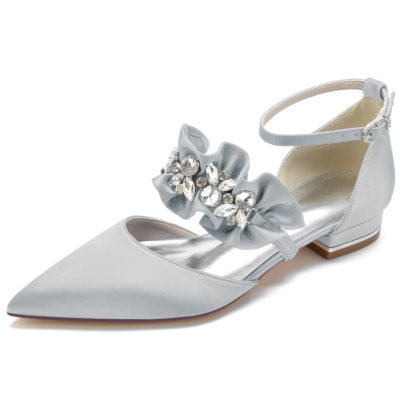 Chaussures plates à volants en satin gris avec bride à la cheville en strass Chaussures plates D'orsay
