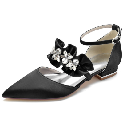 Chaussures plates à volants en satin noir avec bride à la cheville en strass Chaussures plates D'orsay