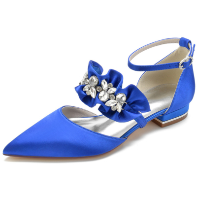 Chaussures plates à volants en satin bleu royal avec bride à la cheville en strass Chaussures plates D'orsay