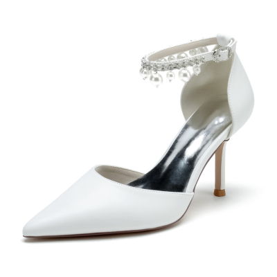 Escarpins solides en satin blanc chaussures perle bride à la cheville d'orsay talons aiguilles pour la danse