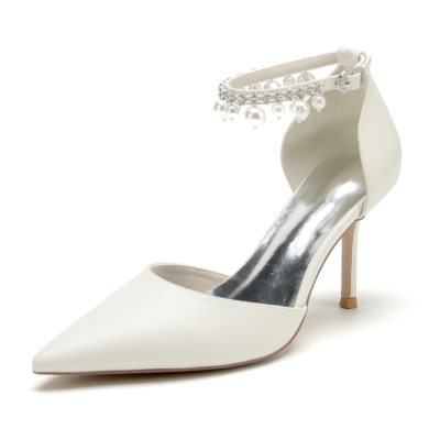 Escarpins solides en satin beige chaussures perle bride à la cheville d'orsay talons aiguilles pour la danse