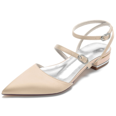 Champagne Satin Strappy Slingbacks Flats Bout Pointu Dos Nu Boucle Chaussures Plates