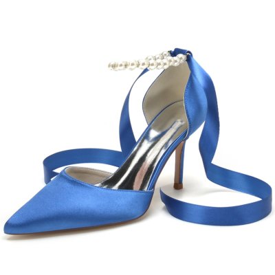 Escarpins D'orsay en satin bleu royal avec bride à la cheville et talons aiguilles à nouer au dos