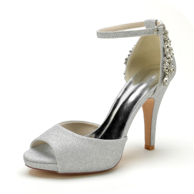 Chaussures de mariage Peep Toe à paillettes argentées Sandales à plateforme à talon aiguille et bride à la cheville