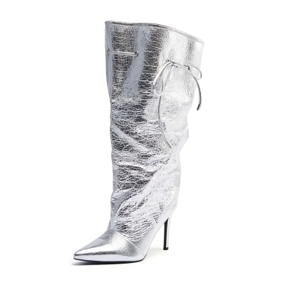 Bottes mi-mollet à bout pointu argenté métallisé craquelé