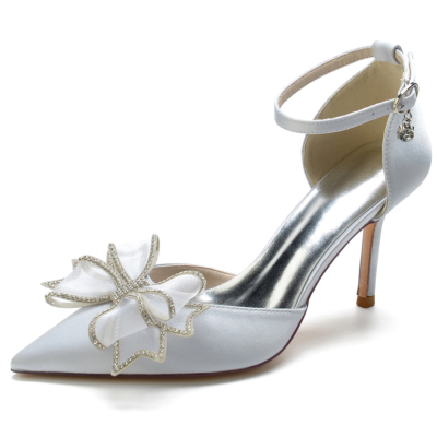 Chaussures de mariage en satin argenté avec bride à la cheville, escarpins à bout pointu avec nœud