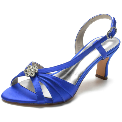 Sandales à talons en satin bleu royal à talons sandales à découpes de fleurs ornées de bijoux