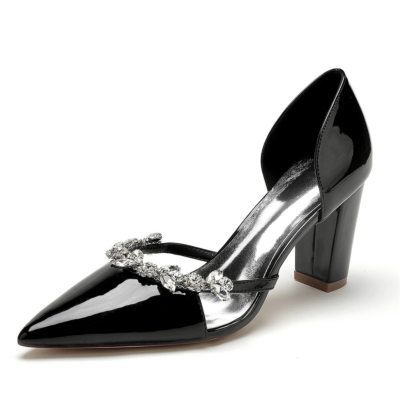Escarpins D'orsay noirs à enfiler, chaussures habillées ornées de strass avec talons épais