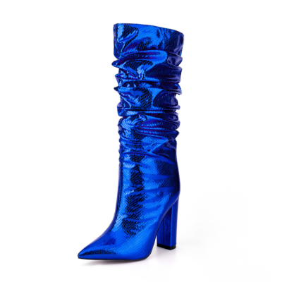 Bottes hautes aux genoux métallisées à imprimé serpent bleu Bottes à talons épais et amples