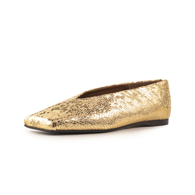 Chaussures plates V-Vamp imprimées serpent doré, bout carré, large largeur, métallisé