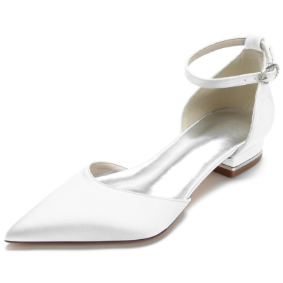 Chaussures plates à bout pointu en satin blanc solide et confortable à bride à la cheville