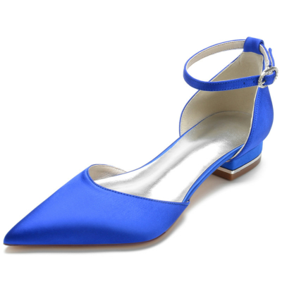 Chaussures plates à bout pointu en satin plat à bride de cheville solide bleu royal