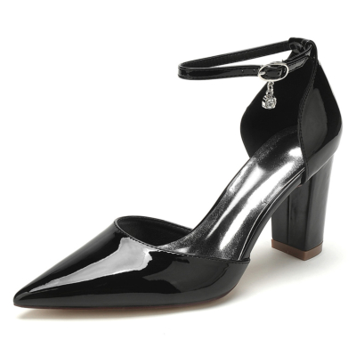 Escarpins habillés noirs solides chaussures bride à la cheville D'orsay talons hauts bloc minimaliste