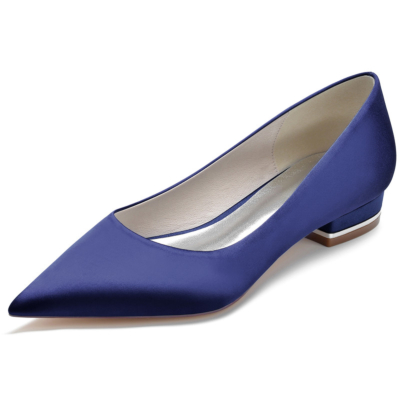 Chaussures plates en satin solide bleu marine à bout pointu pour femmes confortables pour le travail