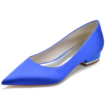 Chaussures plates confortables en satin bleu royal à bout pointu pour femmes pour le travail