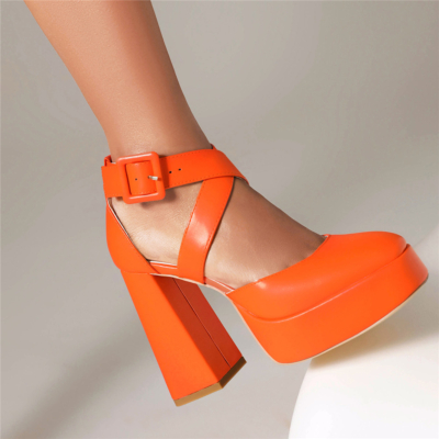 Chaussures D'orsay à bout carré orange et plateforme croisée à talons épais Mary Janes