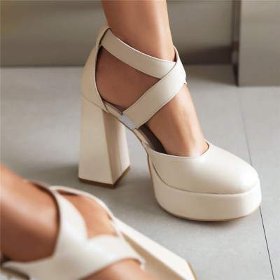 Chaussures D'orsay à bout carré blanc et plateforme croisée à talons épais Mary Janes