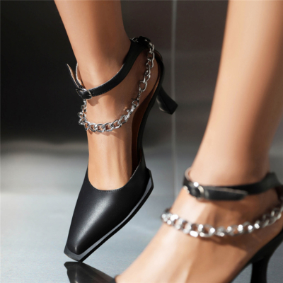 Sandales noires à bout carré, talon bobine, bride à la cheville, chaîne, robes, chaussures