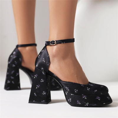 Chaussures Mary Jane à talons épais et bout carré à fleurs noires, robes vintage à talons