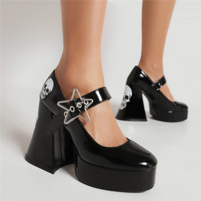 Chaussures gothiques noires à plateforme Stark Buckle Mary Jane à talons épais et tête de mort