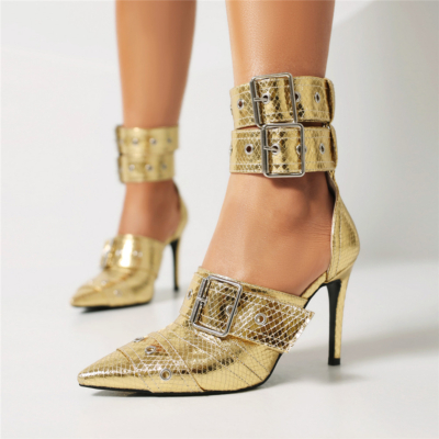 Sandales D'orsay métallisées à talon aiguille imprimé serpent doré et bout fermé