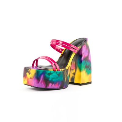 Rainbow Colorful Strappy Chunky Platform Sandals Robes à bout carré Mules Sandales