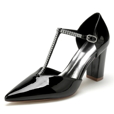 Talons blocs D'orsay à bride en T ornés de bijoux noirs Robes vintage Chaussures Escarpins