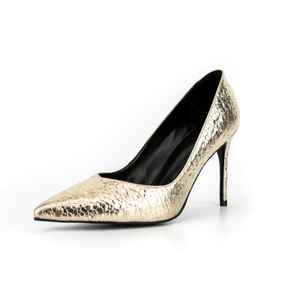 Or Pointy Toe Blasting Cracks Embossing Stilettos Pumps Chaussures à talons hauts