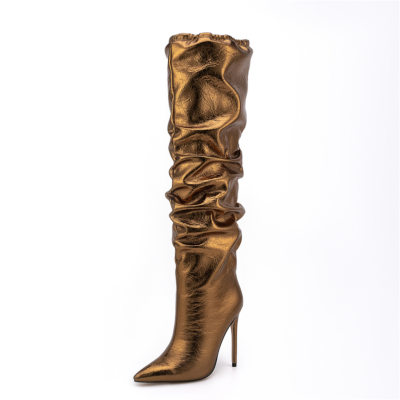 Bronzing-gold Shiny Fashion Bottes hautes au genou Bottes à talons aiguilles et bout pointu