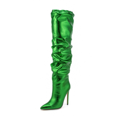 Bottes hautes vertes brillantes à la mode, bottes à talons aiguilles et bout pointu