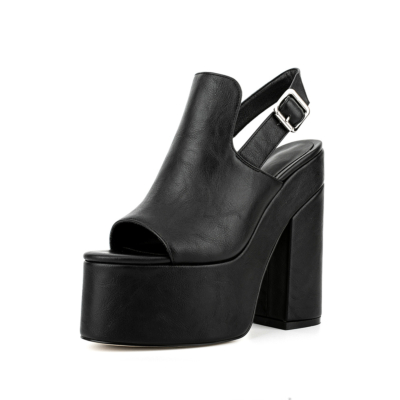 Chaussures à bride arrière en cuir végétalien noir à bout ouvert et plateforme pour femmes